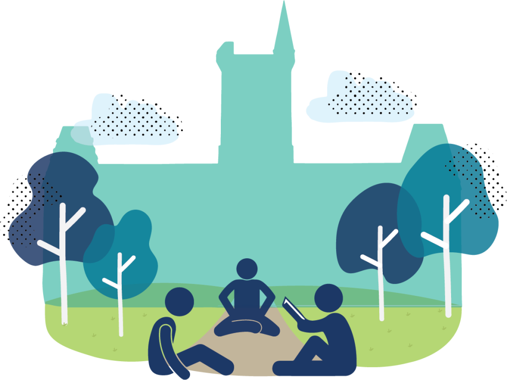 A graphic of three people sitting in Kings College Circle on a blanket
