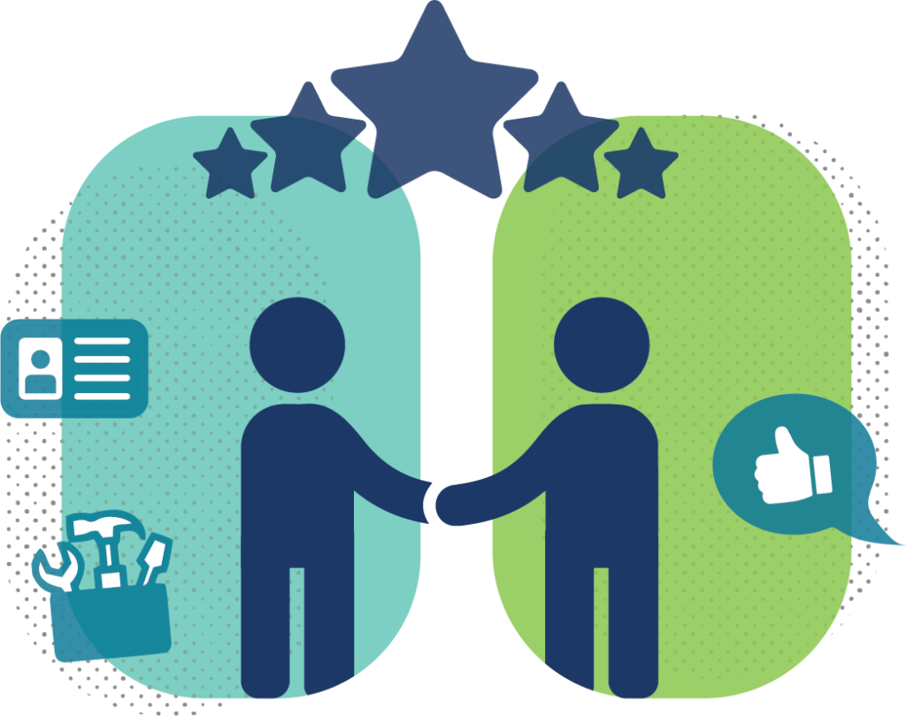 A graphic with two figures shaking hands. Above them stars. To the left, a tool box and an ID badge, to the right, a thumbs-up emoji.