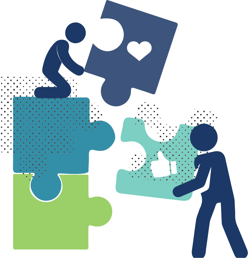 A graphic of two figures passing puzzle pieces to each-other.