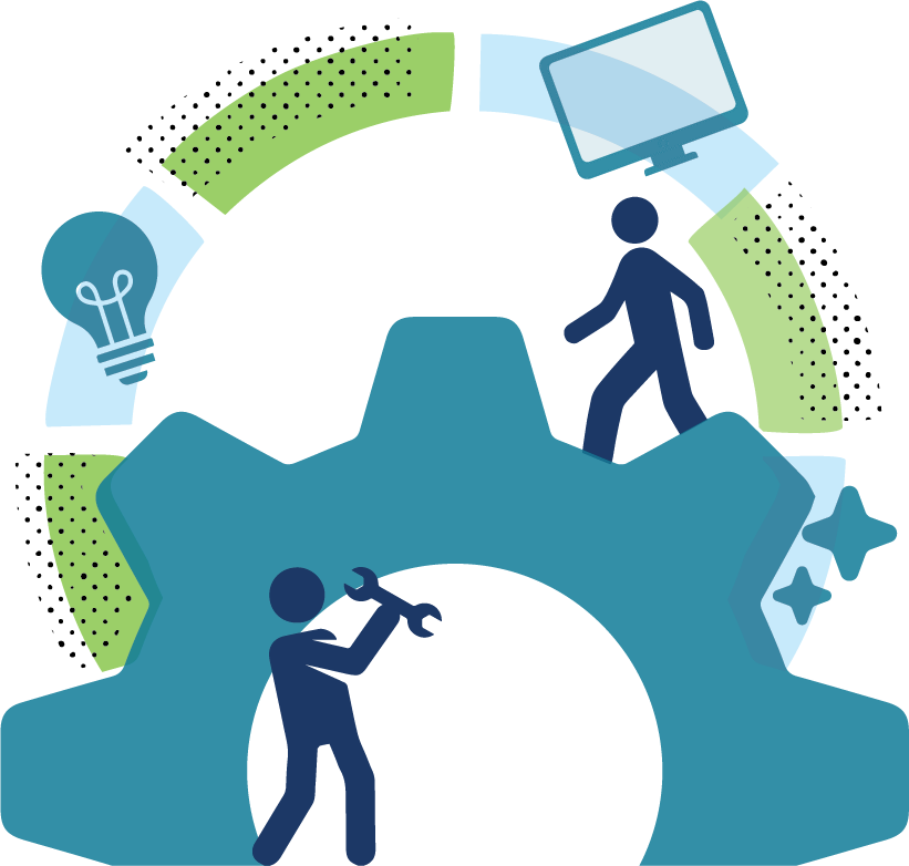 A graphic with two figures standing above and below a large gear. Above them float a lightbulb, a computer monitor, and some stars.