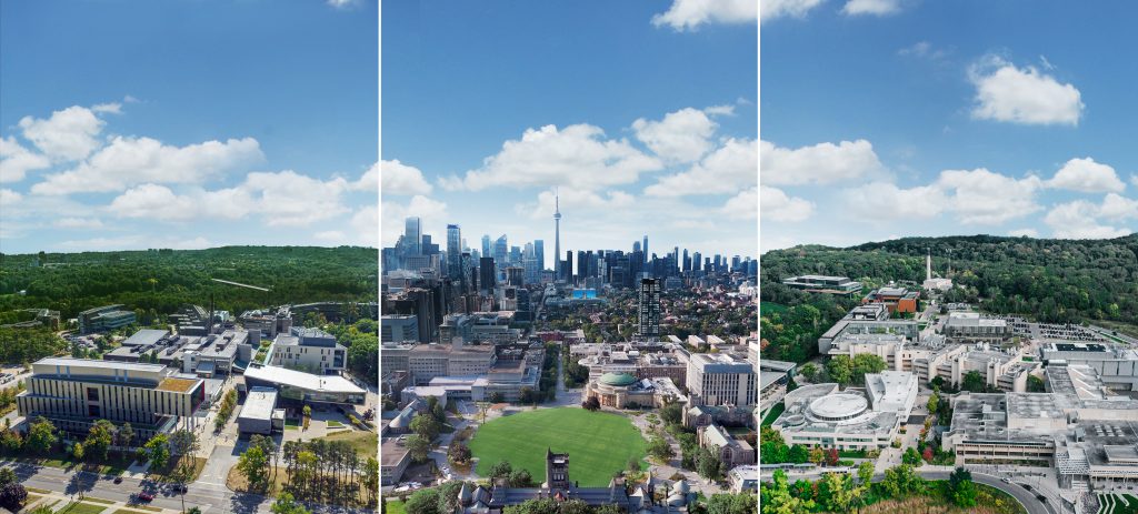 A triptych showing aerial photos of U of T's three campuses: UTM, St. George and UTSC.
